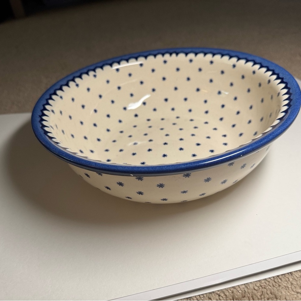 Blue and White Polish pottery Dot Ceramic Bowl
